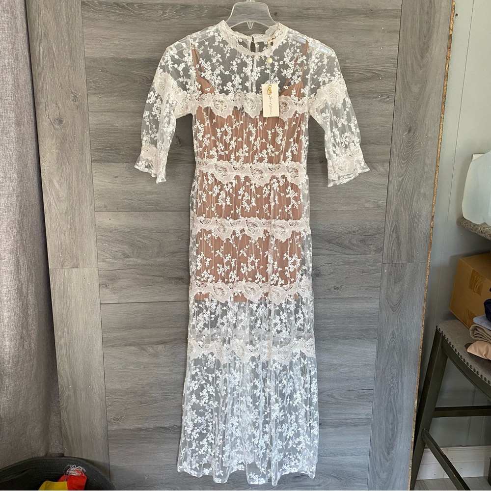Women's White Lace Overlay Maxi Dress with Nude Slip